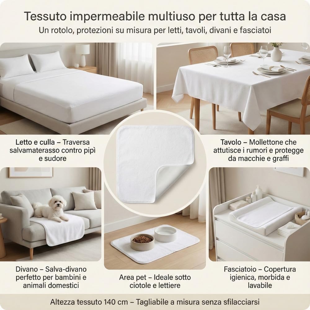 Tejido impermeable de rizo de algodón PVC de 3 mm – Protector de colchón, protector de sofá, protección para cuna y mascotas – Fabricado en Italia 140 x 240 cm