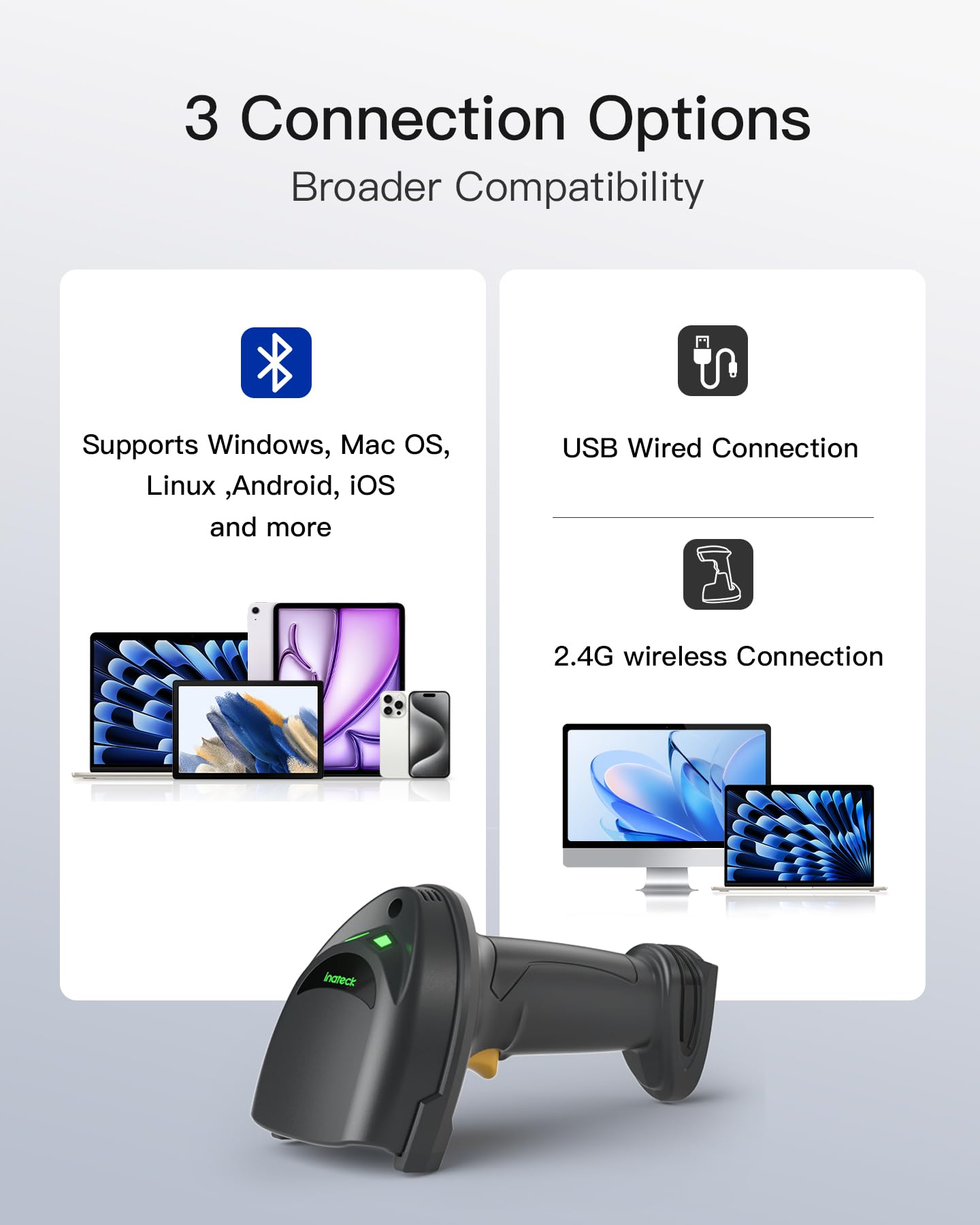 Inateck Kabelloser Barcode Scanner QR Code Scanner 1D 2D Bluetooth 2.4G USB 3-in-1 Kompatibel Windows iOS Android Mac Linux