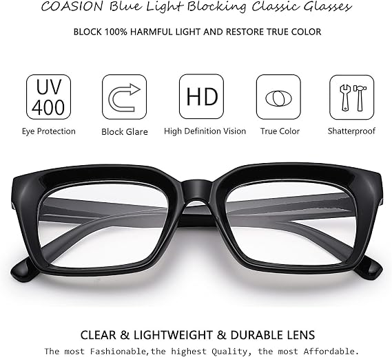 COASION Blue Light Blocking Eyeglasses Classic Thick Square Rim Frame Eyewear for Women Men