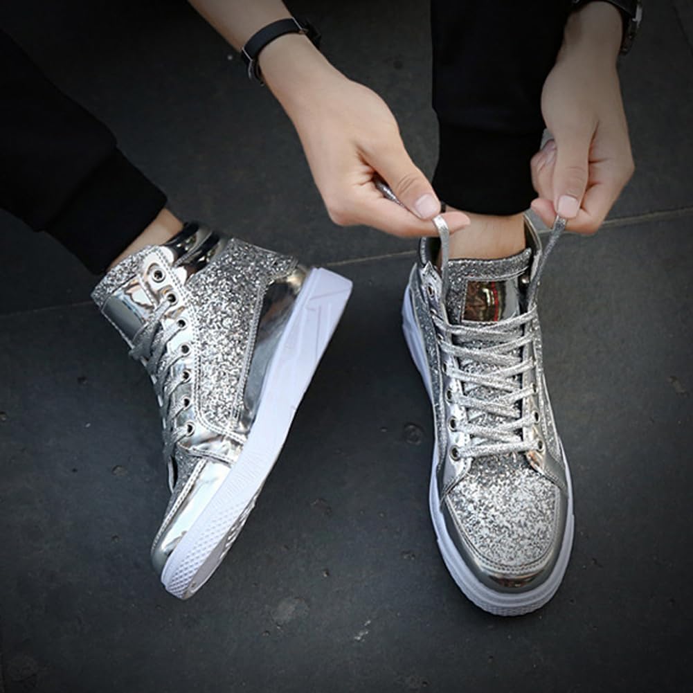 Men’s Glitter Sneakers High Top Sequin Shoes Sparkly Fashion Casual Sneakers Bling Shiny Party Festival Shoes Lightweight Breathable Walking Streetwear Lace Up Comfort