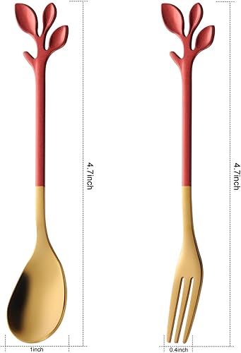 Miniatura 2 de AnSaw 5 cucharas de café pequeñas y 5 tenedores para postres, acero inoxidable de 4.7 pulgadas con mango de hojas (rojo y dorado)