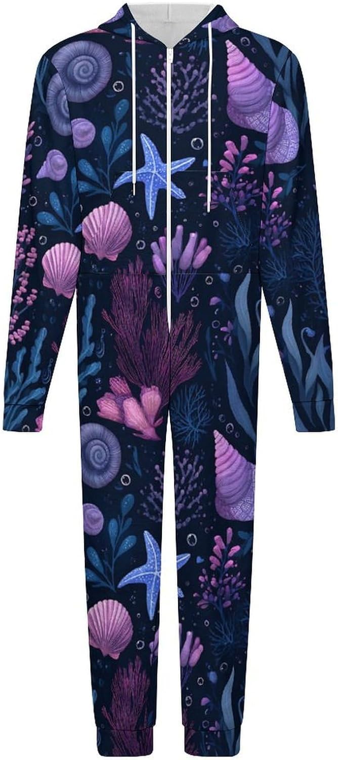 Adult Flannel Hoodie One Pieces Pjs Sets Purple Ocean One-Piece Pajama for Women & Men Soft Warm 4X-Large