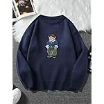 Teddy Bear Embroidered Sweater, Fleece Lined Crewneck Pullover, Warm Winter Knit, Navy Blue, Green, Black - Image 2