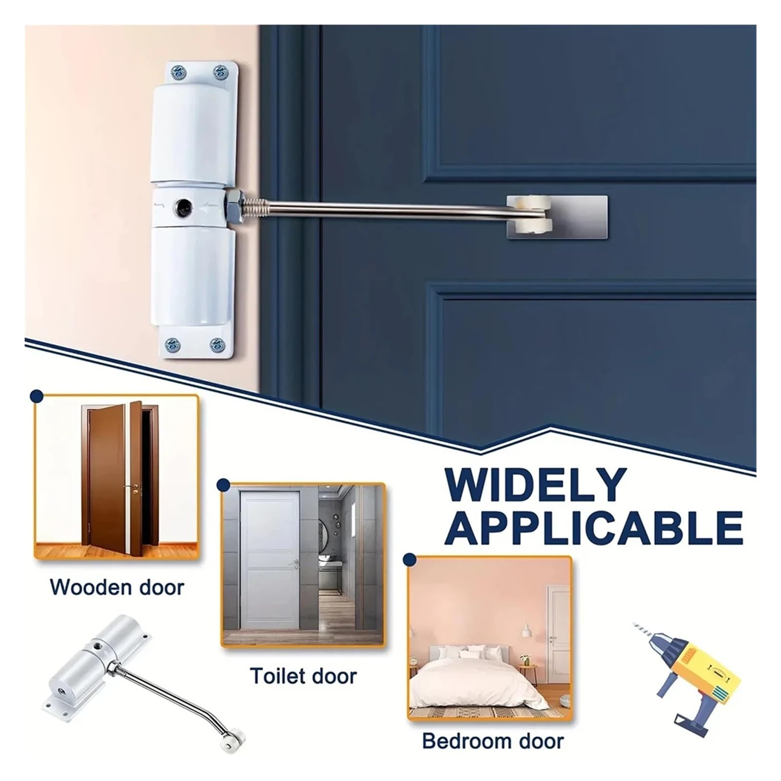 Cierrapuertas automático, resorte ajustable resistente para puertas interiores y exteriores, solución de cierre seguro y silencioso, acabado negro