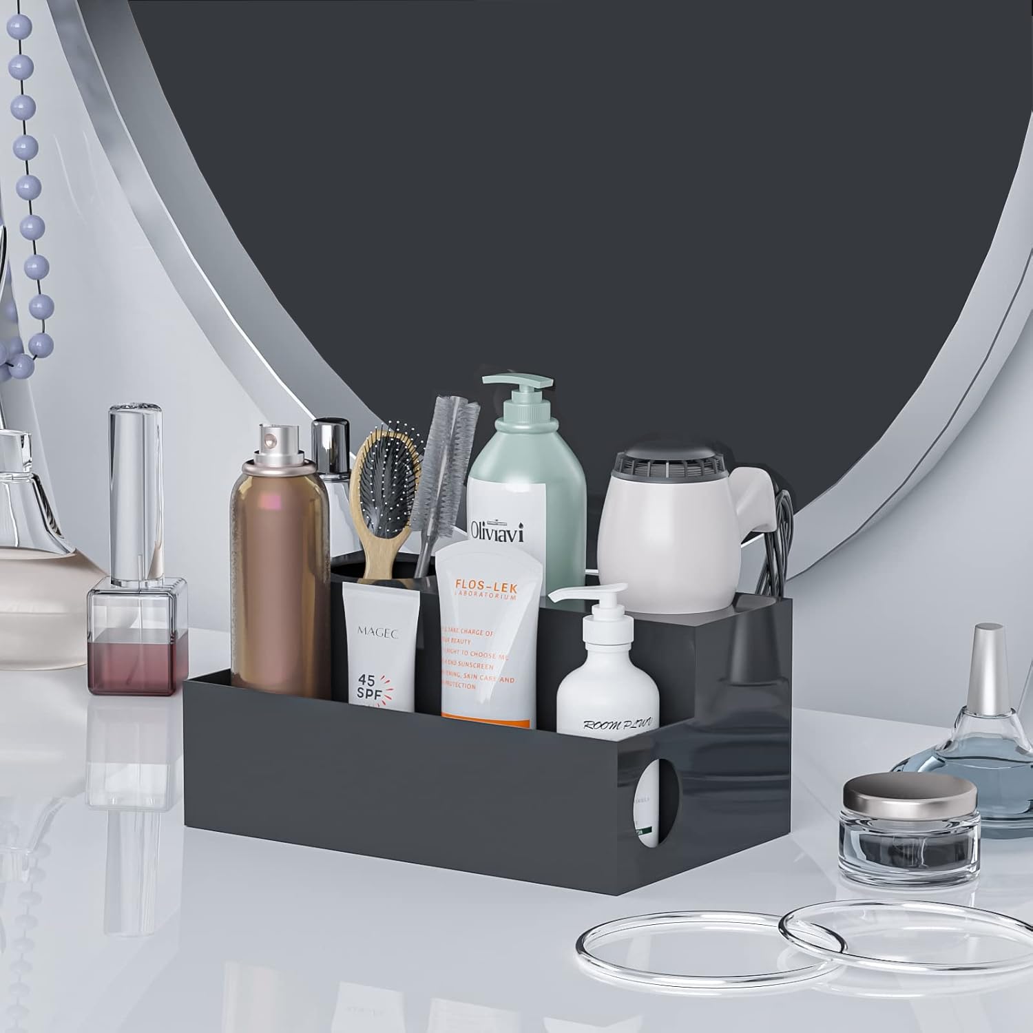 Organizador de herramientas para el cabello, soporte acrílico negro para secador de pelo con 3 tazas, soporte para secador de pelo, suministros de baño, soporte de almacenamiento para