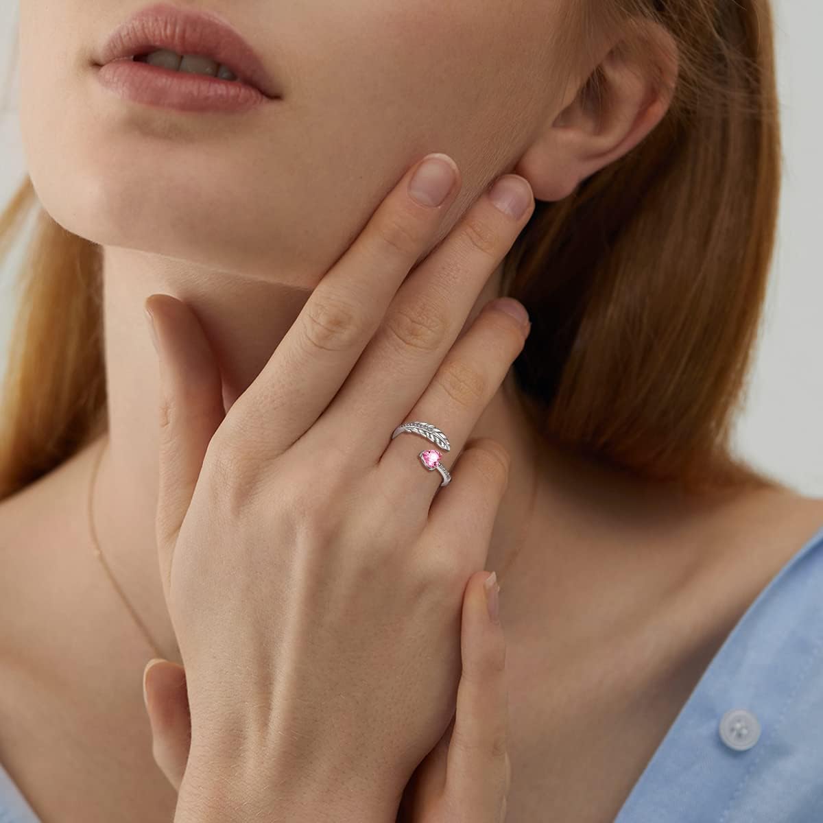 Silver Feather Ring, Birthstone Open Finger Rings for Women Adjustable Size 6-12