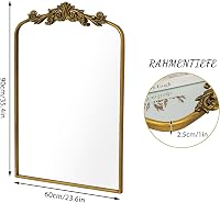 Awhtixbo Arany Barokk Tükör 60x90 cm - Antik Vintage Fali Dekoráció Ívelt Fémkerettel Nappali Előszoba Fürdőszoba Szalon Dísztükör 2