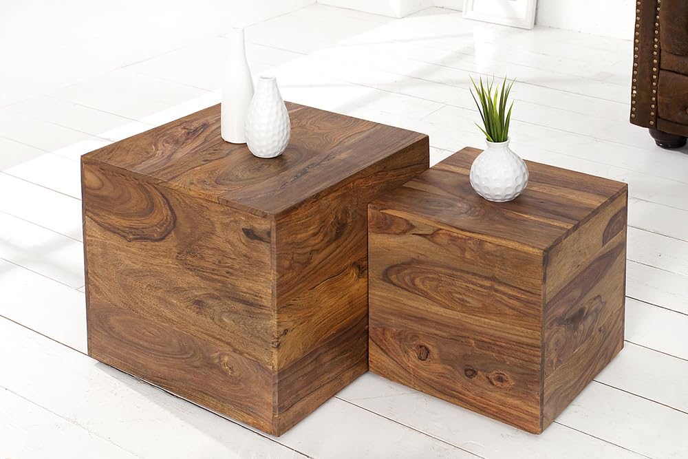 invicta INTERIOR 2er Set Beistelltische Würfel MAKASSAR Sheesham Stone Finish Couchtische Satztische Würfeltische Tischwürfel Holztische Tischset