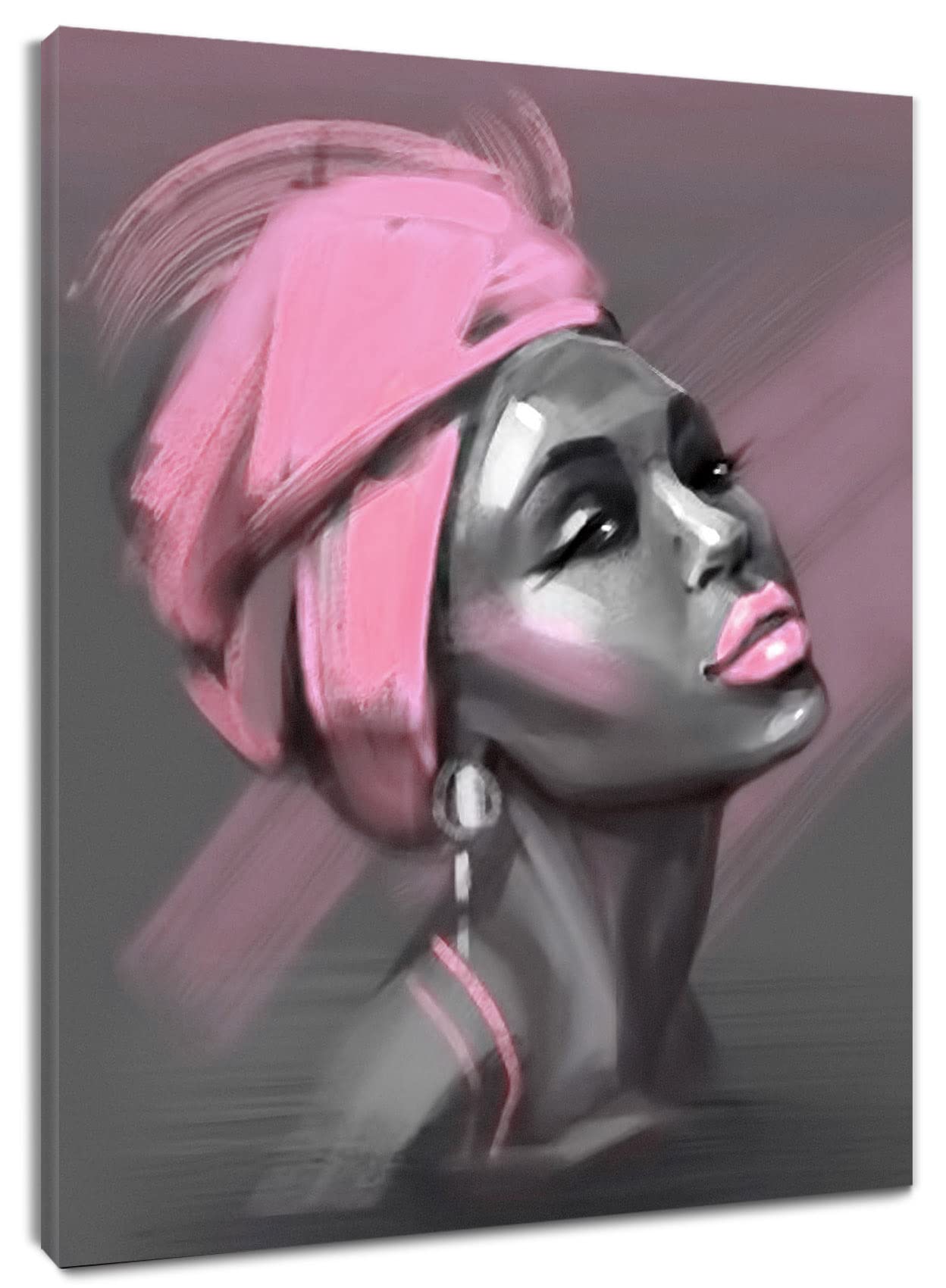 LB African American Women Canvas Wall Art, Beauty Black Woman Pink Hair Canvas Art, Abstract Minimalist Painting Wall Decor for Living Room Bedroom