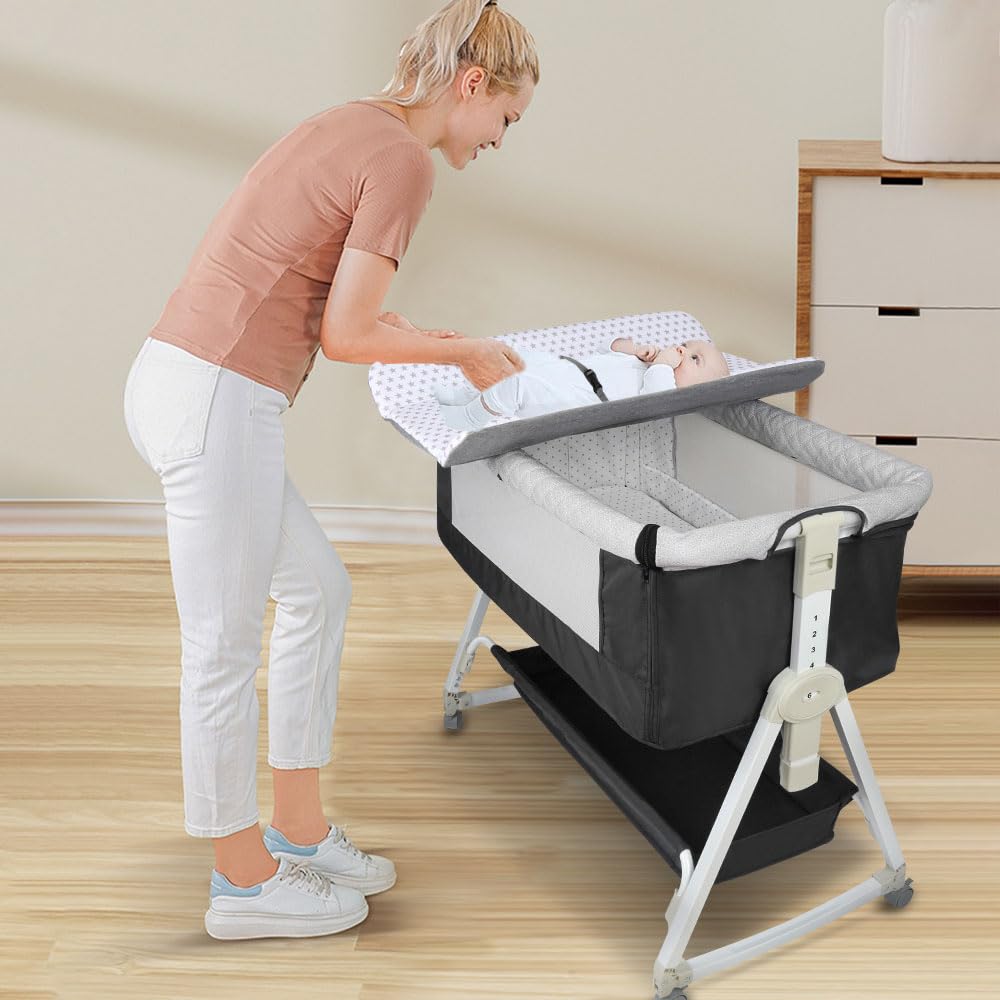 2 en 1 Berceau Cododo pour Bébé,Lit Cododo de Bébé avec Matelas et Moustiquaire 4 Roues,pour 1 à 36 Mois,Inclinaison&Hauteur Réglable, 95 * 50 * 98-110cm, Noir