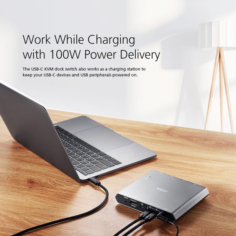 Image showing a laptop connected via USB-C to the ATEN US3311 KVM switch, with text indicating 'Work While Charging with 100W Power Delivery'.