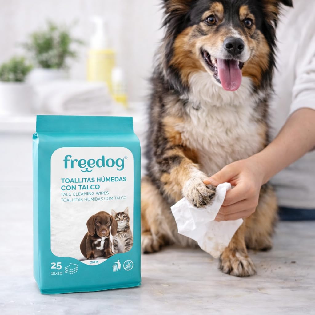 Freedog Pack 9 Paquetes de 25 Unidades Toallitas Húmedas para Perros y Gatos Esencia Talco - Toallitas - Toallitas Húmedas - Limpiador Patas Perro - Eliminador De Olores - Toalhitas - Limpieza