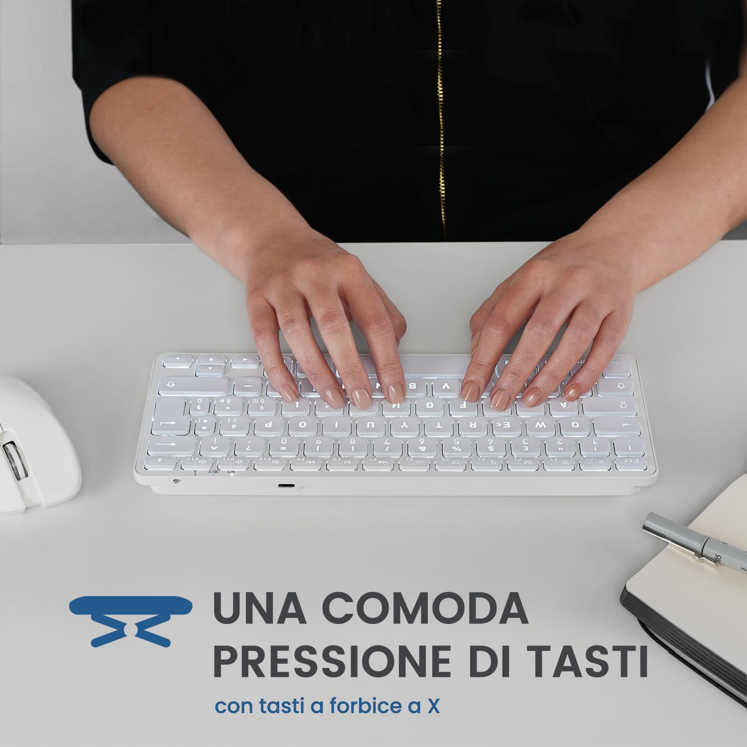 Perixx PERIBOARD-832M Tastiera Wireless Mini Retroilluminata, Bluetooth 5.1, Tasti a Forbice, Ricarica USB-C, Compatibile con macOS 11.2.1+, Layout Italiano QWERTY, Bianco