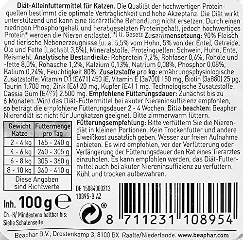 BEAPHAR – Nierendiät Ente – Diätalleinfuttermittel Für Katzen Mit Chronischer Niereninsuffizienz – Zur Unterstützung Der Nierenfunktion – 100 g
