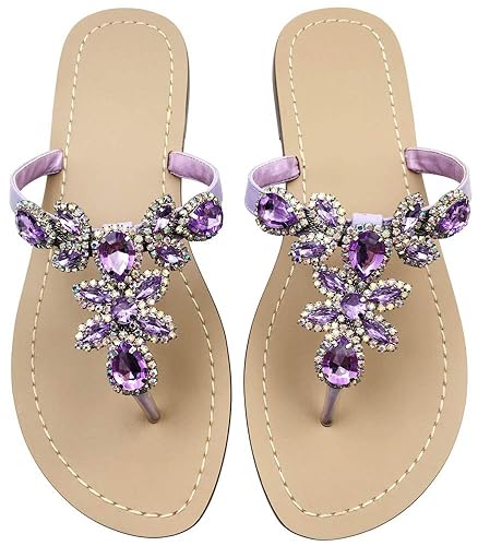 Hinyyrin Available in 13 Colors,Rhinestone Sandals,Women's Flat Sandals,Flip Flop,Jeweled Sandals - 6 Blue Strap