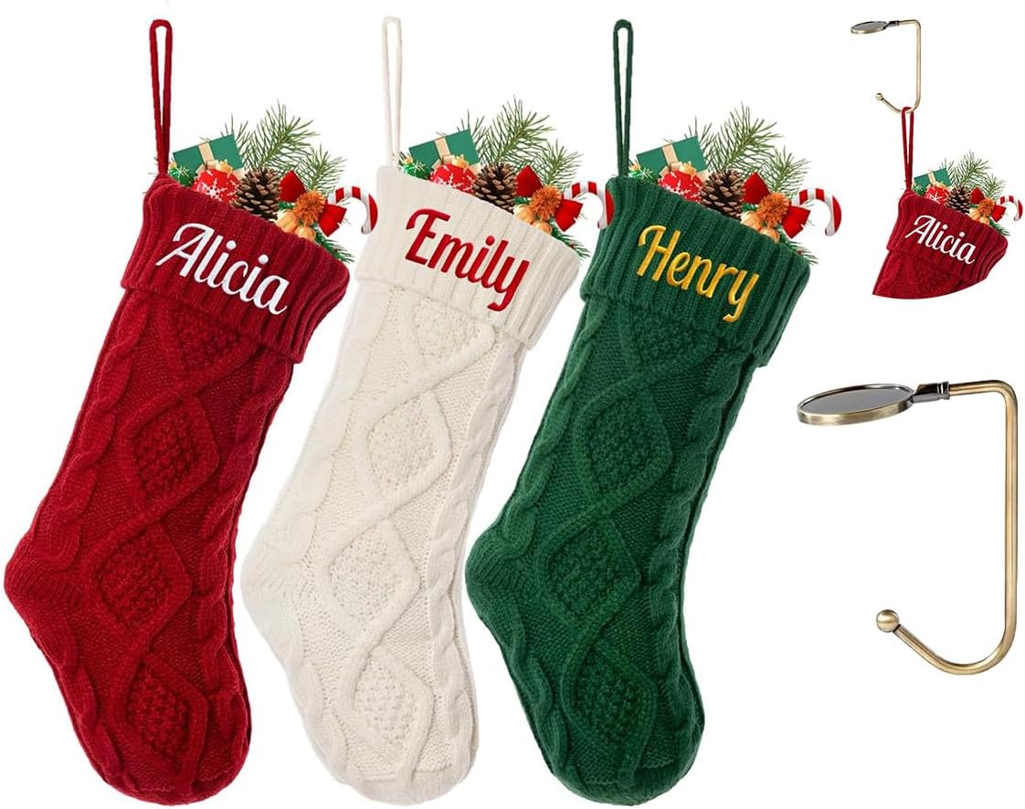 Personalized Christmas Stockings 18Custom Name Christmas Stocking Large Knitted Double-Sided Fireplace Hanging Xmas Stocking for Kids Family Stocking for Christmas Holiday Party Decoration(4 pack)