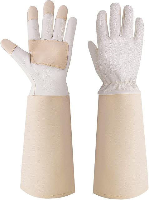 Long Sleeve Gardening Gloves for Women & Men, Long arm Thornproof Rose Pruning Gloves Ladies Pigskin Leather Gauntlet Garden Gloves (Small, Beige)