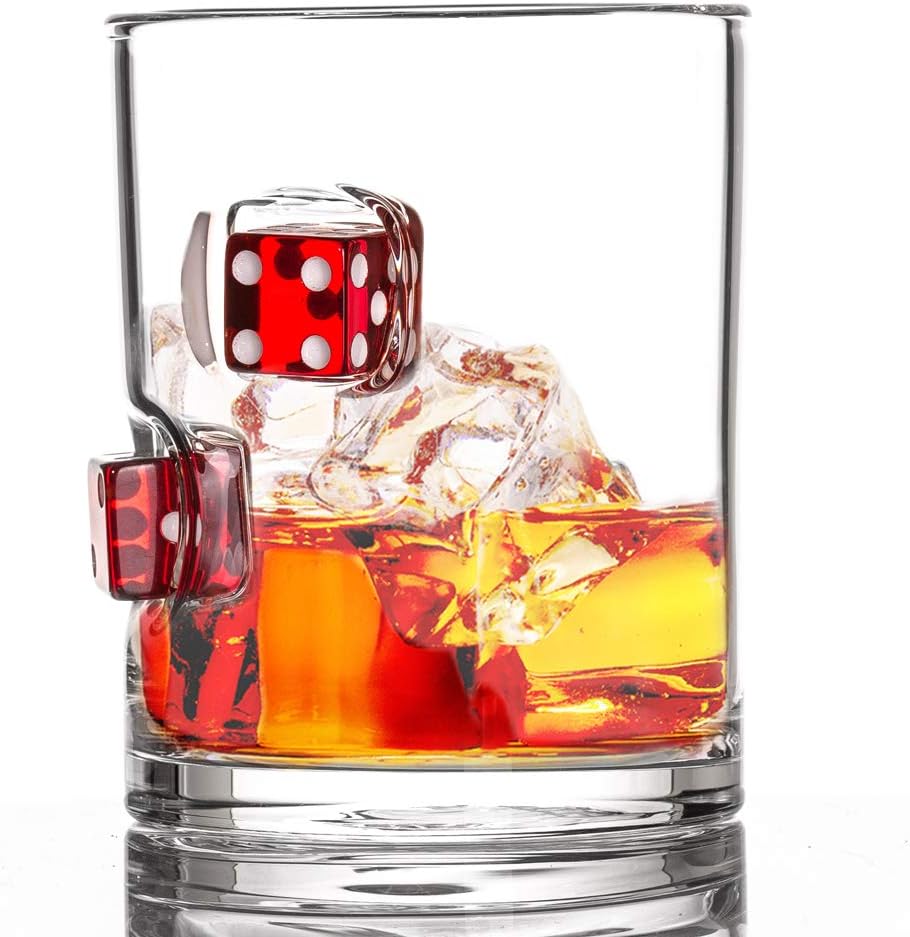 WHISKEY GLASSES | DICE | Original Embedded 10oz Borosilicate Rock Glassware (DEVILS BONE | RED)