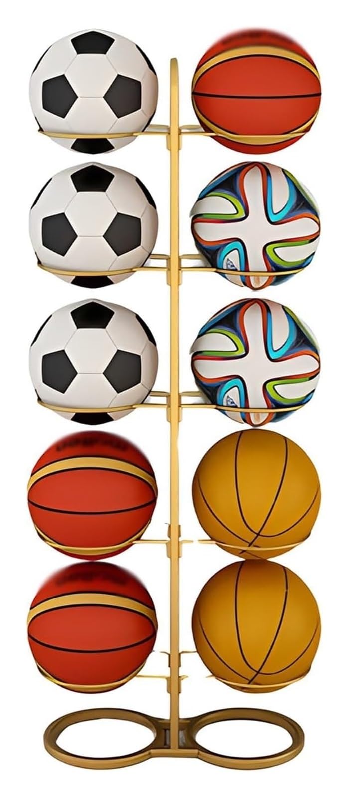 5-poziomowy dwustronny pionowy stojak na piłki, metalowy organizer do przechowywania koszykówki, piłki nożnej i sprzętu sportowego, stylowy stojak ekspozycyjny do użytku domowego i na siłownię