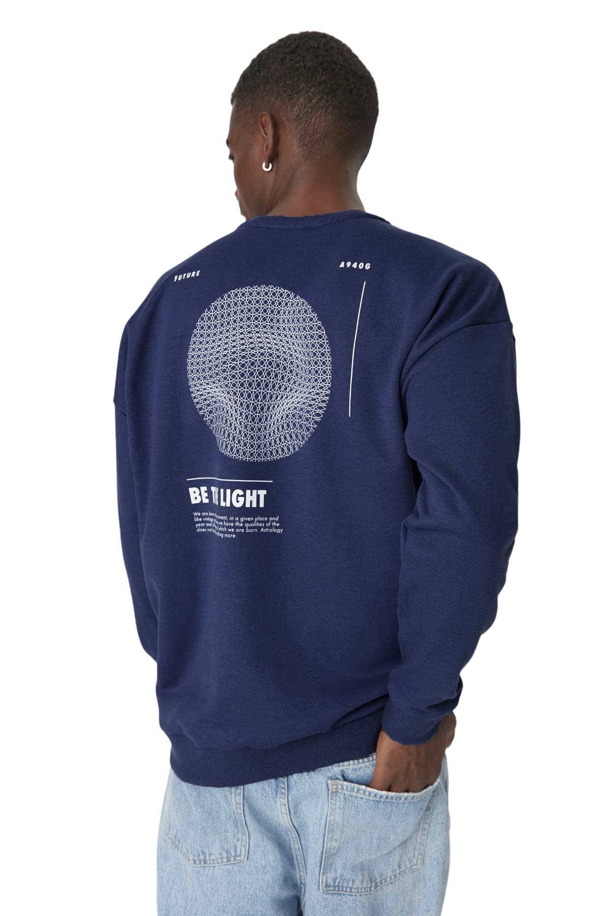 Trendyol Herren Navy Geometrisch Lange Ärmel Übergroß Sweatshirts