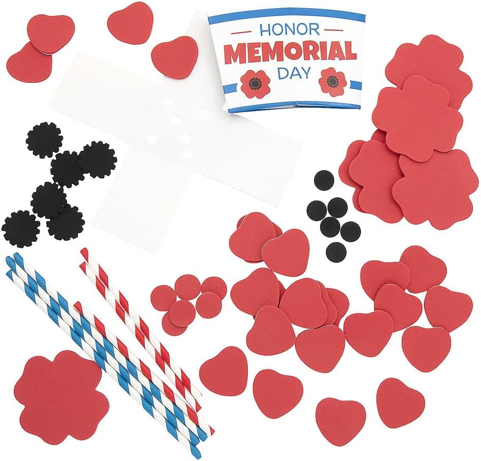 Fun Express Memorial Day Straw Poppy Bouquet Craft Kits – DIY Kit with Red White & Blue Poppy Flowers – Perfect for Patriotic Party Favors Home Decor Crafting Projects and Celebrations – 12 Pieces