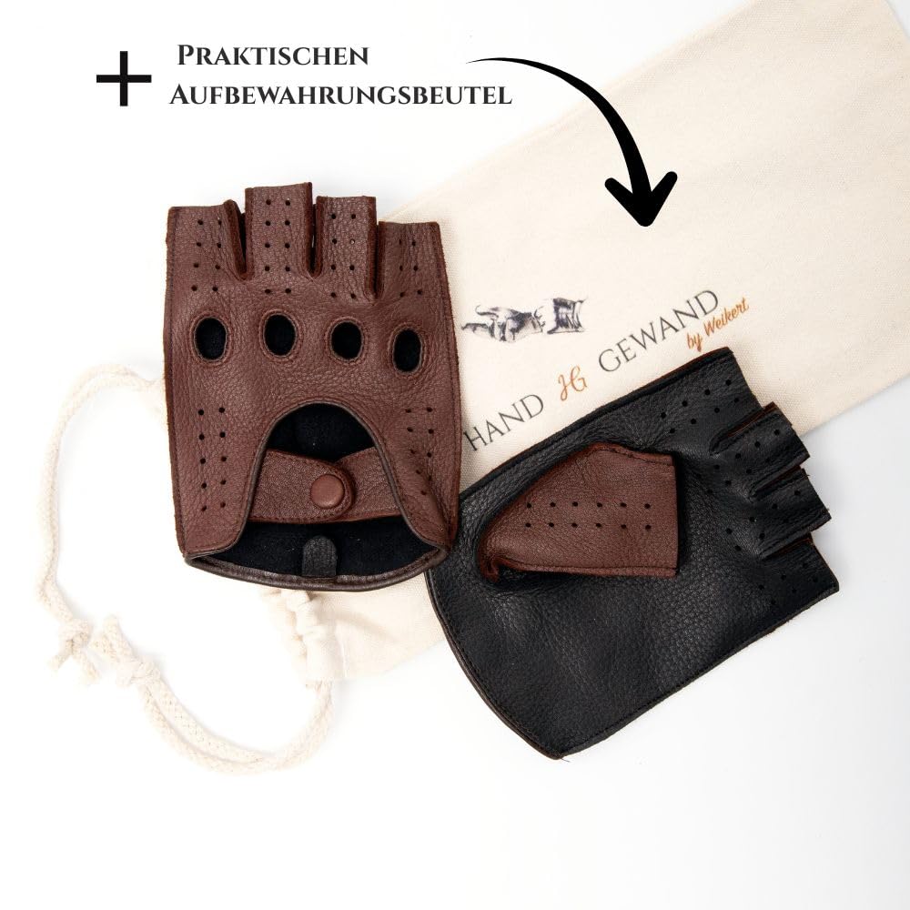 Hirschleder Herren Auto-Handschuhe, handgenäht, fingerlose Autofahrerhandschuhe, ungefüttert, zweifarbig, halbfinger, Lederhandschuhe, Motorrad