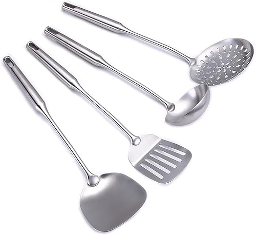 Juego de utensilios de cocina de acero inoxidable 304 de 4 piezas con asas extralargas, espátula, cucharón, cuchara ranurada, espátula ranurada,