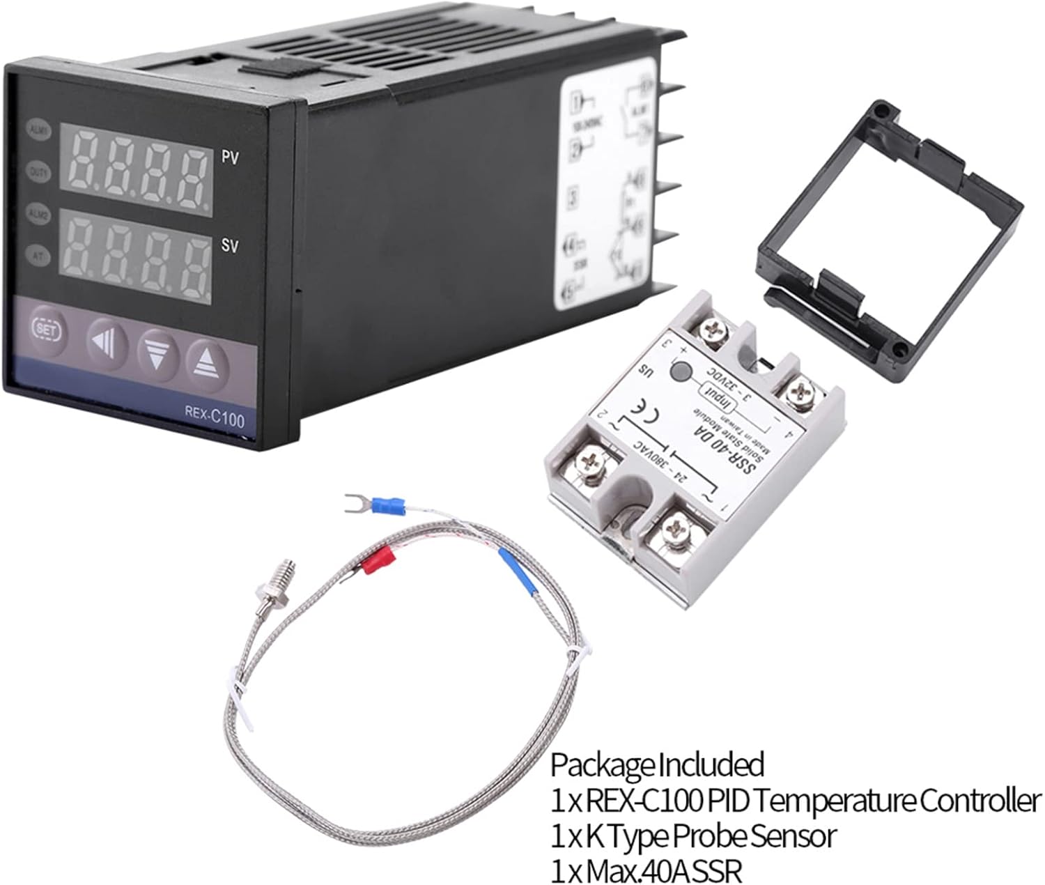 PID Temperature Controller Kit LED REX-C100 with 40A SSR K Type Probe Sensor AC 110V-240V 0℃~1300℃ Alarm Function for Industrial Equipment Heating Systems