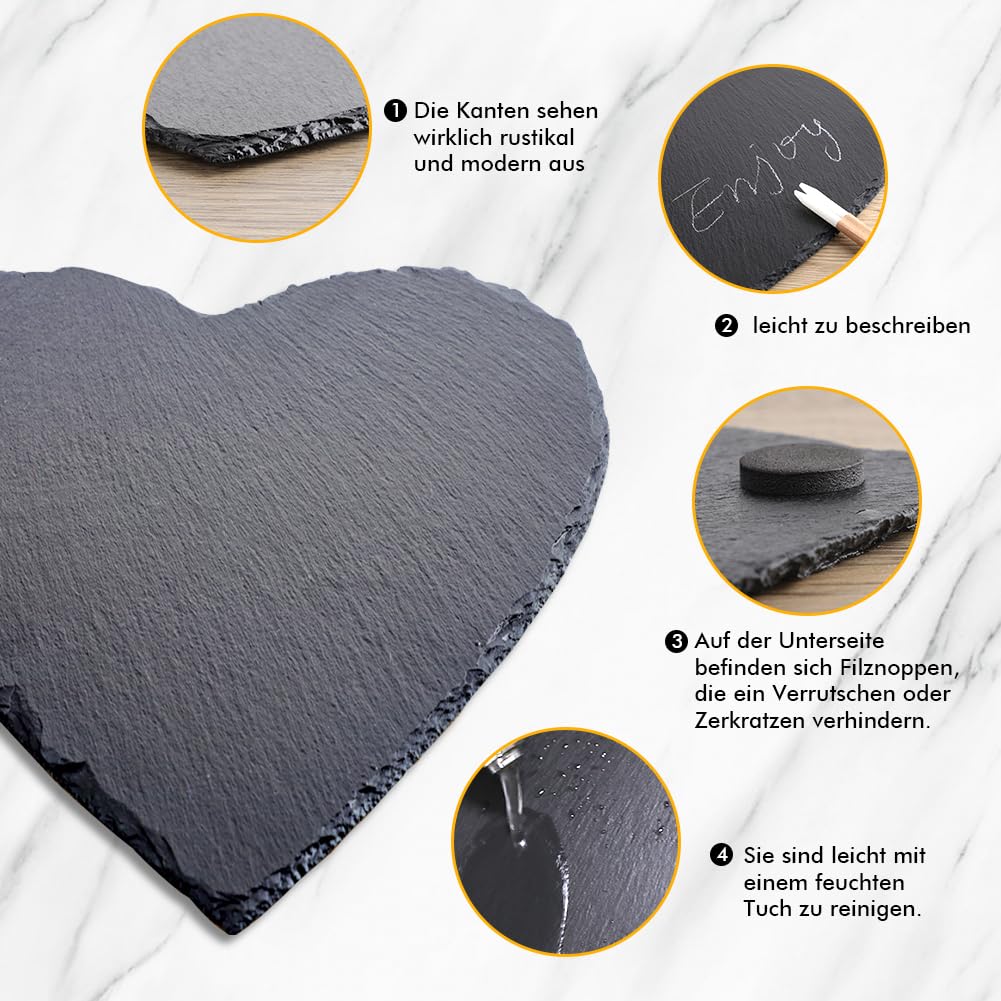 WLWNWFT Juego de 2 placas de pizarra con forma de corazón, 30 cm, con rotulador de tiza, bandeja para servir de pizarra negra, corazones de pizarra para servir y escribir