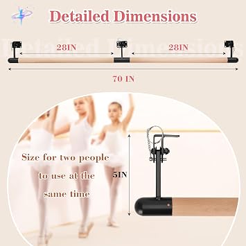 P Polerden Wall-Mounted Beech Wood Ballet Bar 6 Feet, Adjustable Wood Ballet Bar,Ballet Barre for 2 People, Traditional Wooden Ballet Barre System for Home Barre Workout Equipment
