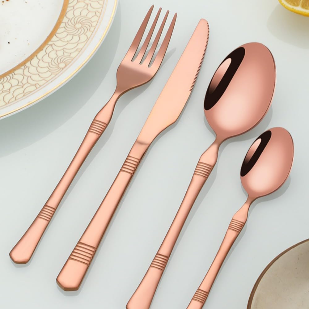 Besteckset aus Edelstahl, 20-teilig, bunt, mit horizontal gestreiftem Griff, Besteckset mit Steakmesser, Gabel, Löffel und Teelöffel für Küche und Esszimmer (schwarz)