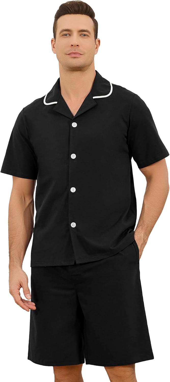 Vulcanodon Mens Pajama Set, Soft Cotton Cool Button Down Short Sleeve Pajamas for Men Cozy Sleep Lounge Pj Sets with Pocket