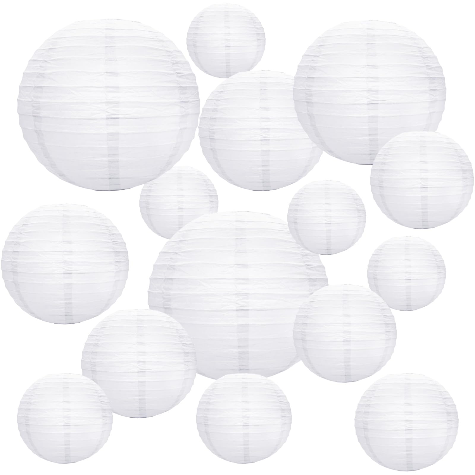 16 PCS White Round Paper Lanterns, Chinese Round Lanterns Hanging Decorations Different Sized Lampshades Size 4" 6" 8"10"12" Paper Lanterns for Weddings Party Garden Birthday Family Gathering Patios