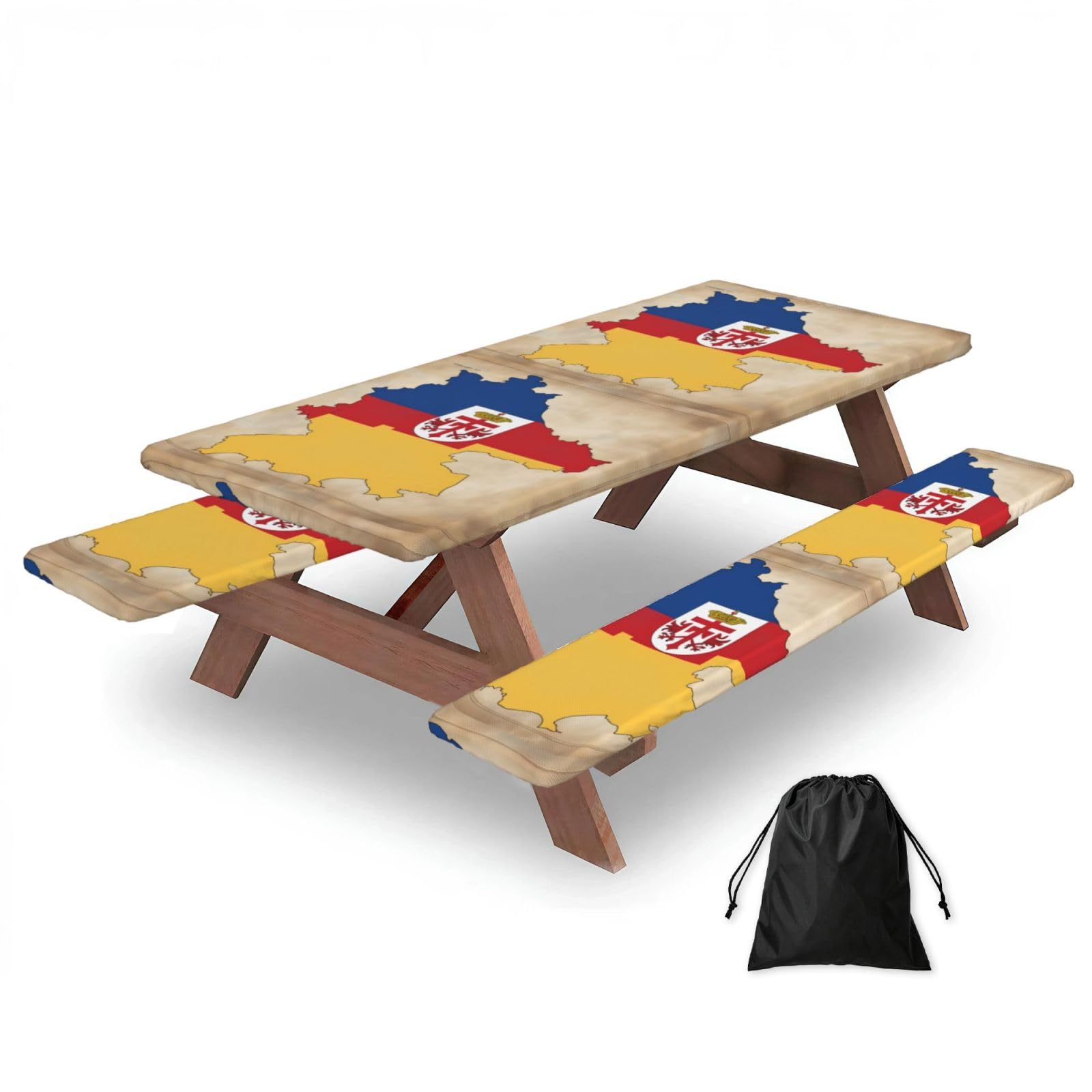Duwaa Black Thuringia Flag Map01 Print 183Cm Picnic Table Cover With Bench Covers, Waterproof Elastic Tablecloth Set For Outdoor