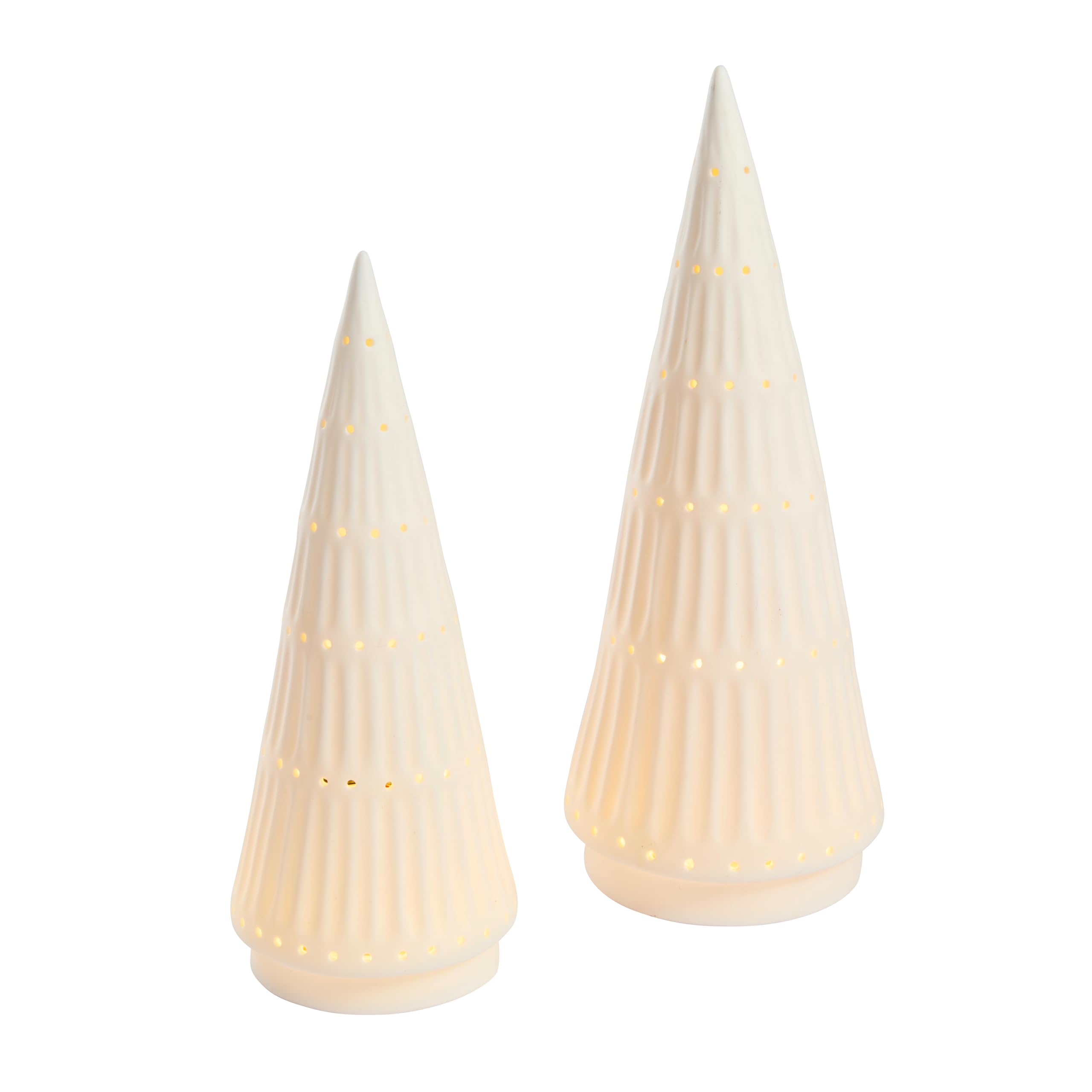 Lights4fun Set van 2 18 cm led-dennenboom, kunstkerstboom met timer, warmwit, werkt op batterijen, kerstdecoratie voor buiten, kerstverlichting, mini- kerstboom