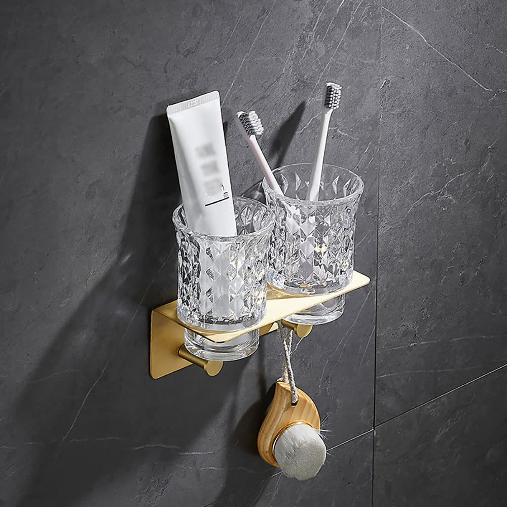 Porta spazzolino da denti a parete, Bicchiere in vetro da parete in ottone con portaoggetti for dentifricio, contenitore for bagno 2 ganci, oro spazzolato