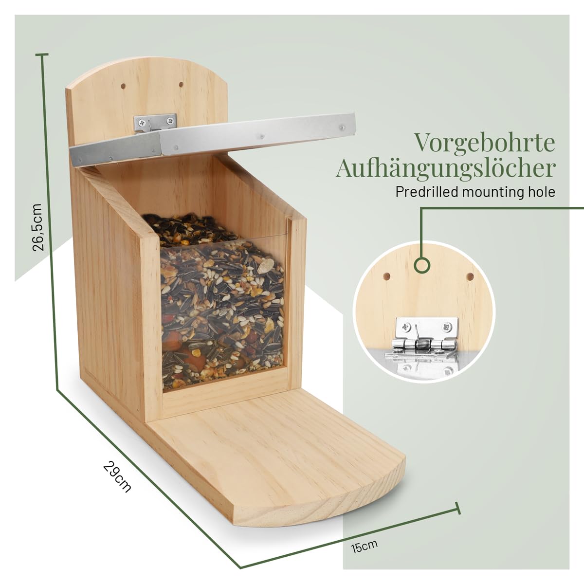 WILDLIFE HOME Comedero para ardilla XL con techo de metal, estación de alimentación de madera maciza atornillada, resistente a la intemperie y sin tratar, casa para ardillas