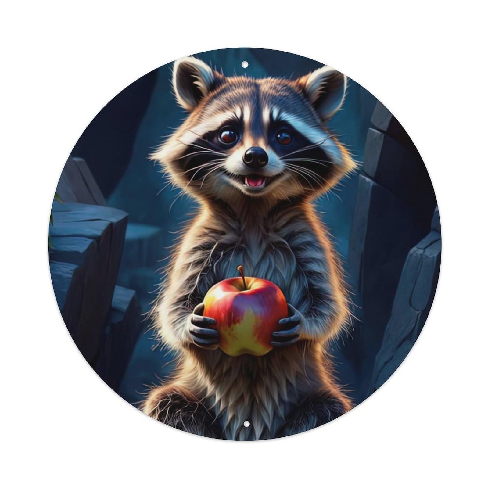 Wildlife Artwork Little Raccoon Holding An Apple Metal Tin Sign