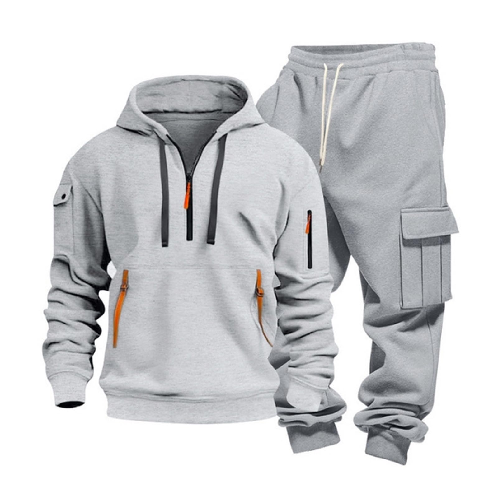 Genérico Conjunto Deportivo Cargo para Hombre Sudadera con Capucha y Pantalones Casuales con Cremallera de un Cuarto y Forro Polar