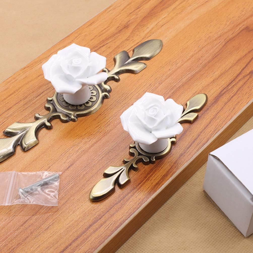 BESPORTBLE Ceramic Rose Flower Cabinet Knobs with Green Bronze Backplate, Vintage Kitchen Drawer Pull Handles for Dresser Cupboard Wardrobe, 2 Pack (White)