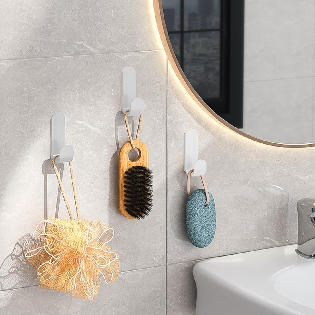 Ganci Adesivi, 6 Pezzi Ganci in Plastica, Ganci da Parete Adesivi, Portasciugamani, per Cucina, Bagno, Soggiorno, Bianco