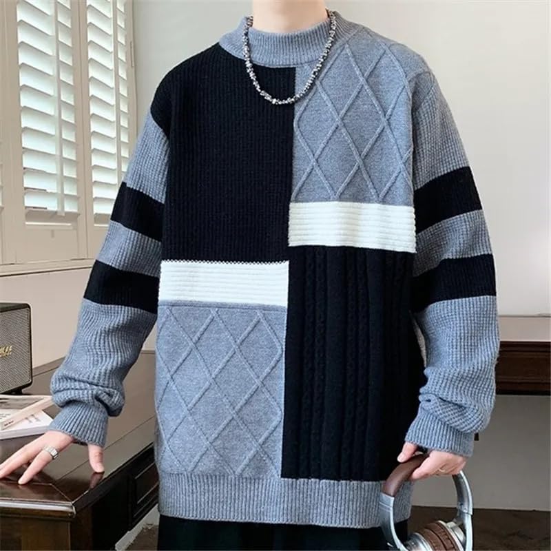 Autumn Winter Men's Knit Sweater Patchwork Loose Casual Pullovers Men O-Neck Knitted Streetwear Tops4
