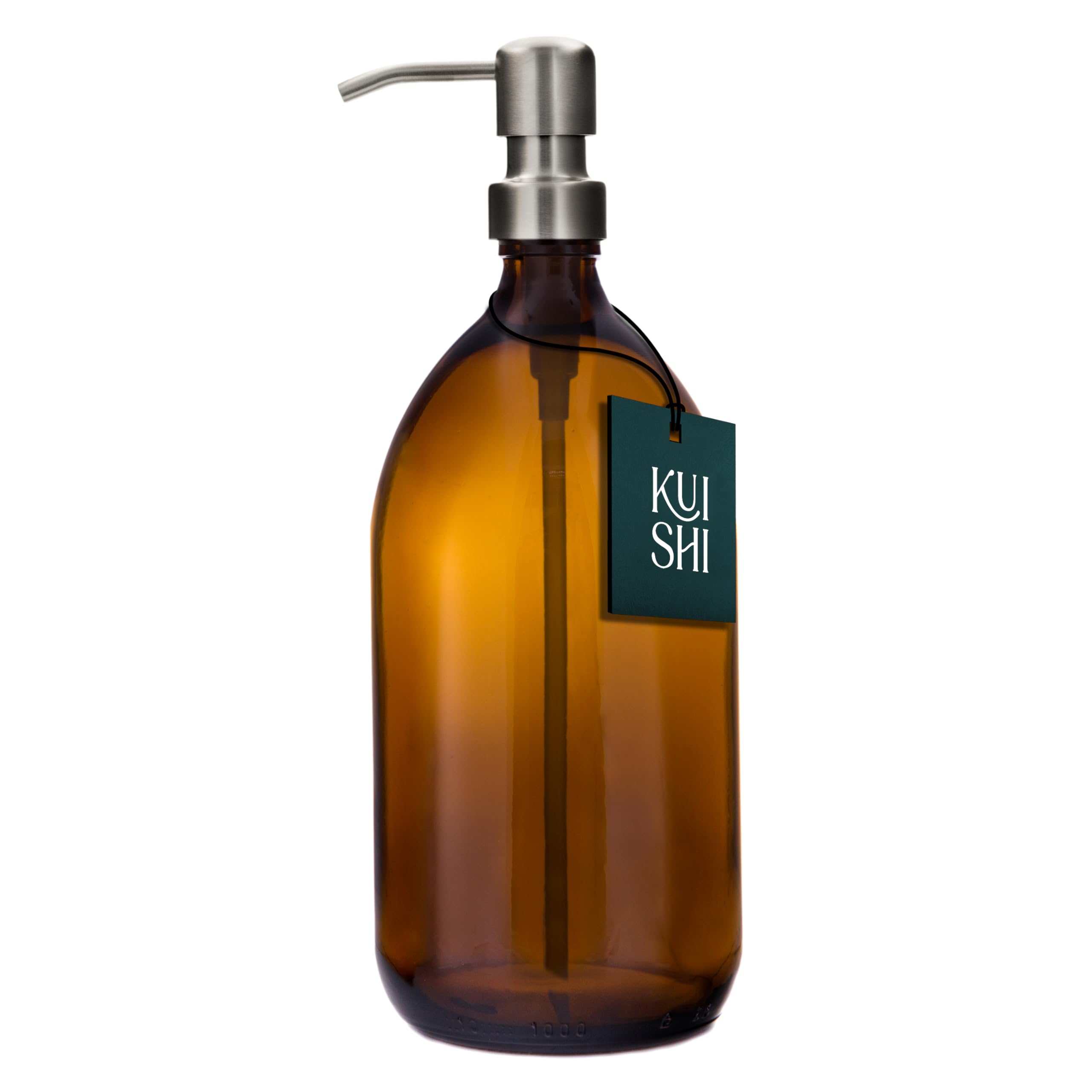 Kuishi Silver Glass Soap Dispenser With Stainless Steel Pump - 1000Ml Refillable Bpa-Free Hand Soap Dispenser For Kitchen & Bathroom, Amber
