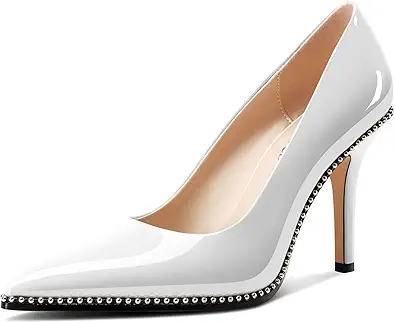 TNYNFBEB Womens Stiletto Mid Heel Pointed Toe Pumps Slip-on Sliver Beaded Prom Wedding Dress Basic Classic Patent Leather 3.5 Inches Heels