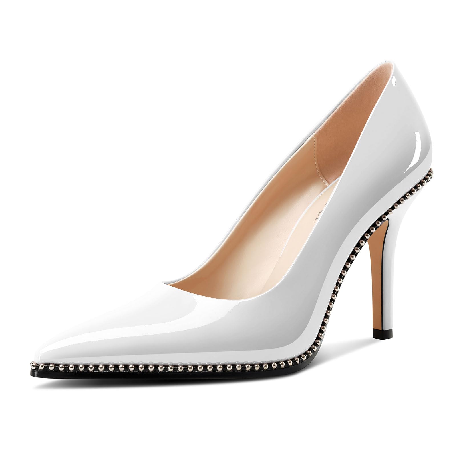 TNYNFBEB Womens Stiletto Mid Heel Pointed Toe Pumps Slip-on Sliver Beaded Prom Wedding Dress Basic Classic Patent Leather 3.5 Inches Heels