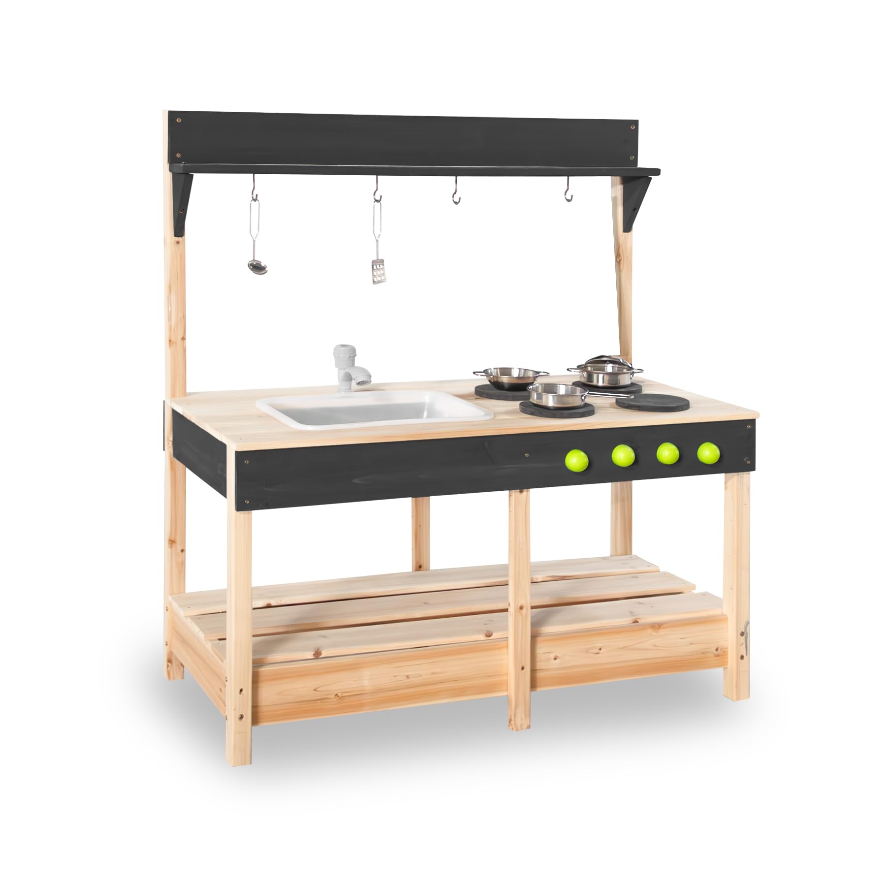 Mud Kitchen Playset for, Outdoor Wooden Toy Play Kitchen Set for Boys and Girls, Kitchen Accessories and Garden Sink with Faucet, Blackboard (Black3)