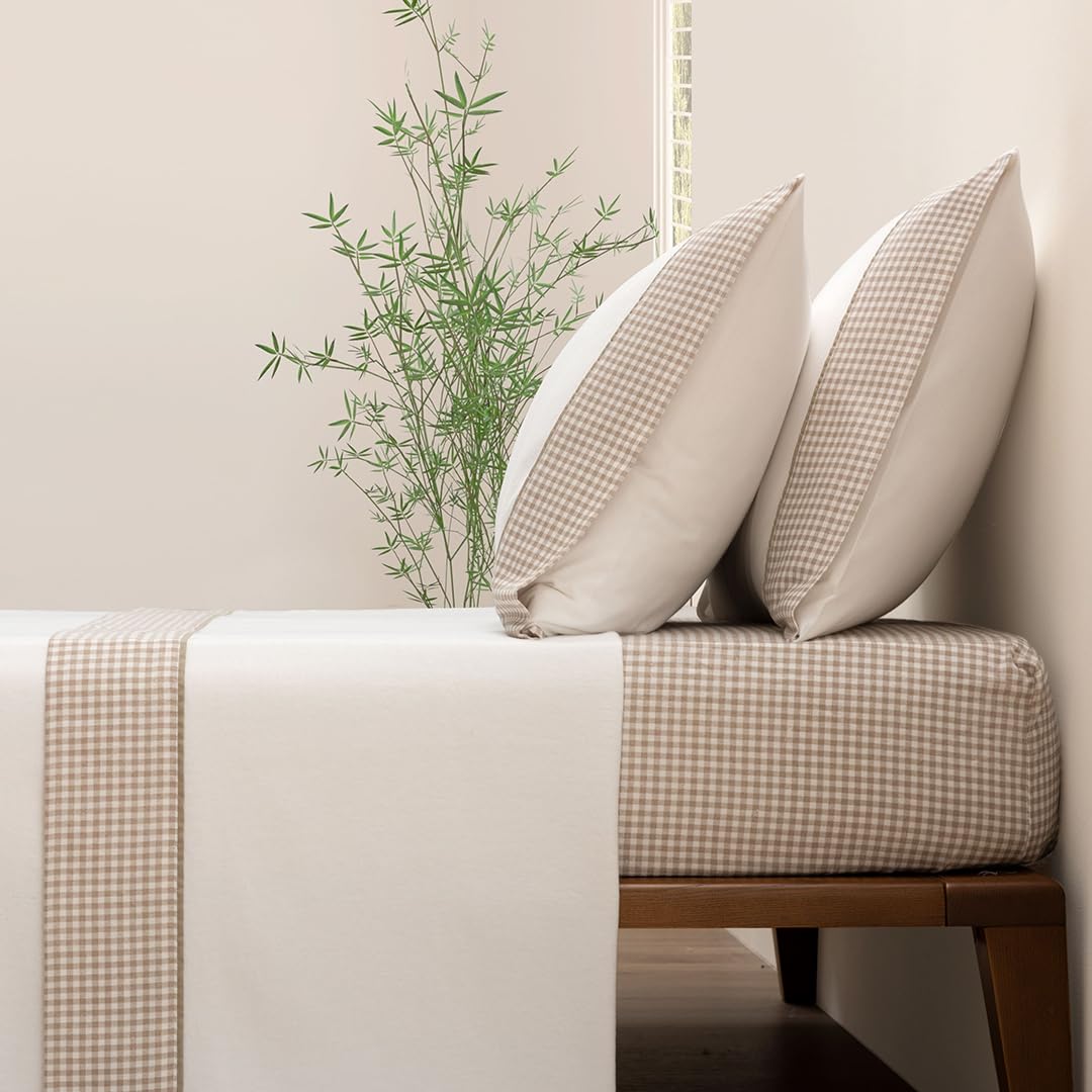 Casa da Laura - Sábanas de Franela Vichy Marrón Claro - Cama 135/140-4 Piezas - Sábana Encimera, Bajera y 2 Fundas de Almohada - Sábanas Cálidas, Suaves y Resistentes