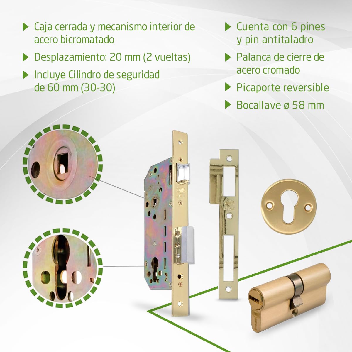 Amig - Cerradura de Embutir con Cilindro de Seguridad y Bocallave + 5 Llaves - Para Puertas de Madera de Entrada - De Acero Latonado - Picaporte Reversible - Para Manillas de 8 mm