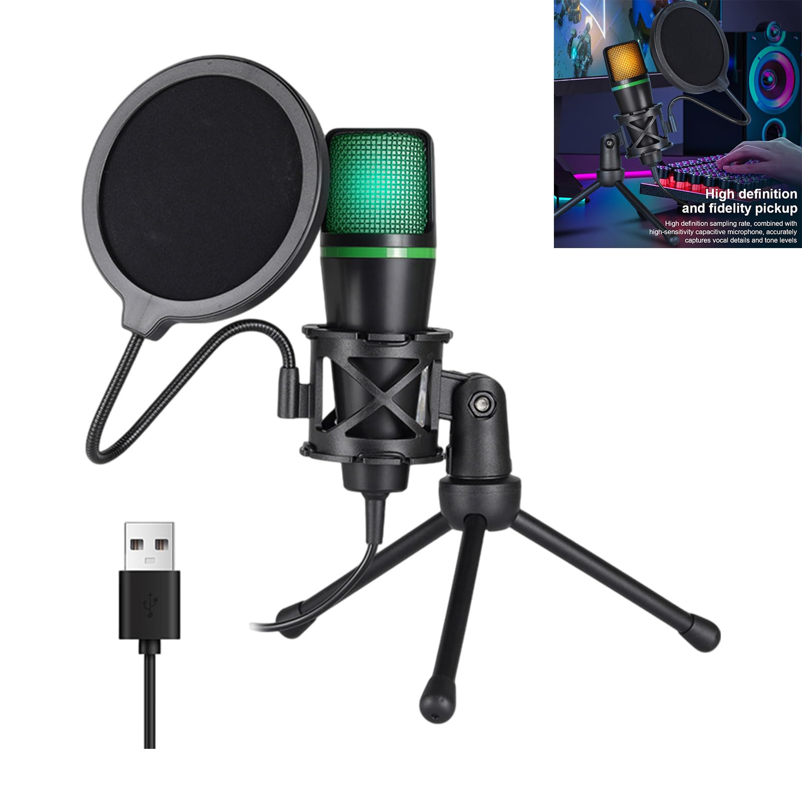 Generico Microfoni da gioco USB con illuminazione LED RGB, manopola