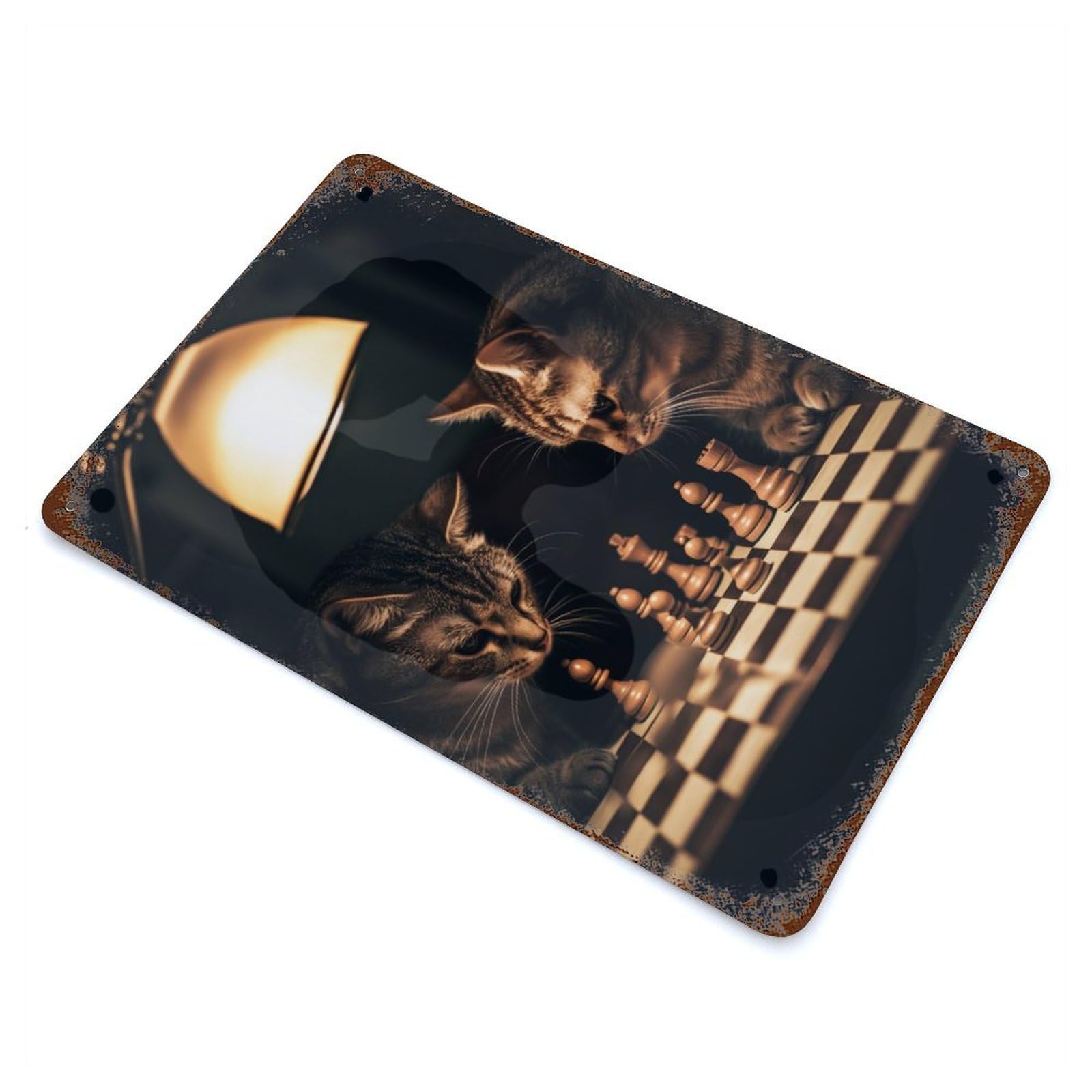 Rustic Tin Plaque with Cats Playing Chess Design 11.8"x7.9", for Pub, Kitchen And Man Cave Decor, Old School Wall Decor